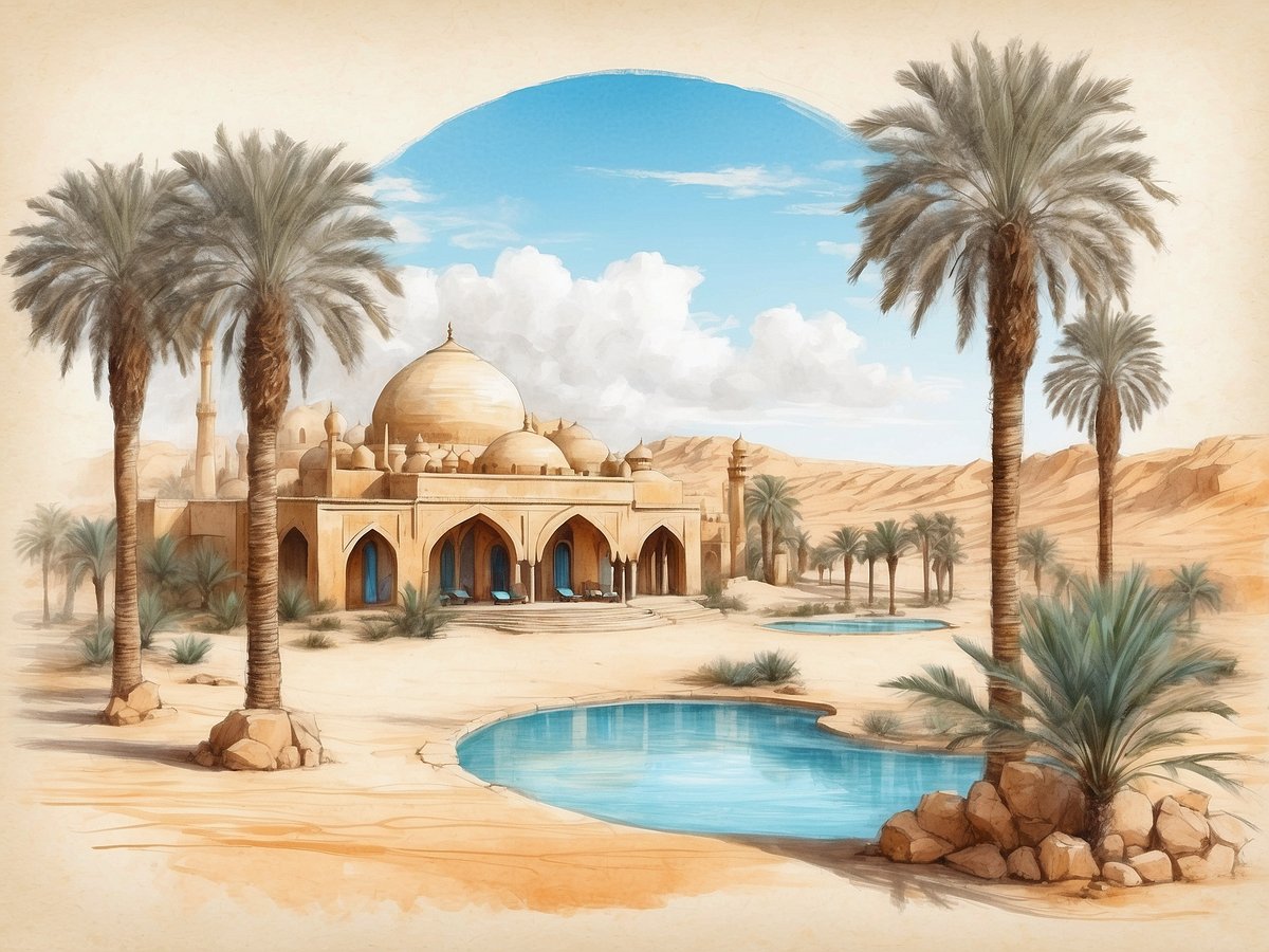 Ein malerisches Resort in der Wüste mit einem eleganten Bau im arabischen Stil, das von Palmen umgeben ist. Die Architektur zeichnet sich durch eine große Kuppel und细ene Minarette aus, während eine ruhige Wasserstelle und sanfte Sanddünen im Hintergrund zu sehen sind. Der Himmel ist klar mit ein paar Wolken, was dem Bild eine friedliche Atmosphäre verleiht.