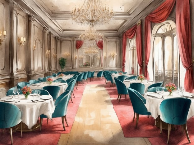 Auf dem Bild ist ein elegantes Restaurant in einem Hotel zu sehen. Der Raum ist geschmackvoll eingerichtet, mit stilvollen Tischen, die mit weißen Tischdecken und Blumenarrangements dekoriert sind. Die Stühle sind in einem ansprechenden Türkis gehalten, und große Fenster lassen viel Licht herein, was eine einladende Atmosphäre schafft. Die Wände sind klassisch gestaltet, ergänzt durch opulente Kronleuchter und rote Vorhänge, die dem Raum einen Hauch von Luxus verleihen. Dieses Ambiente ist ideal für unvergessliche Dining-Erlebnisse im Hotel, sei es für romantische Dinners, Feierlichkeiten oder besondere Anlässe.