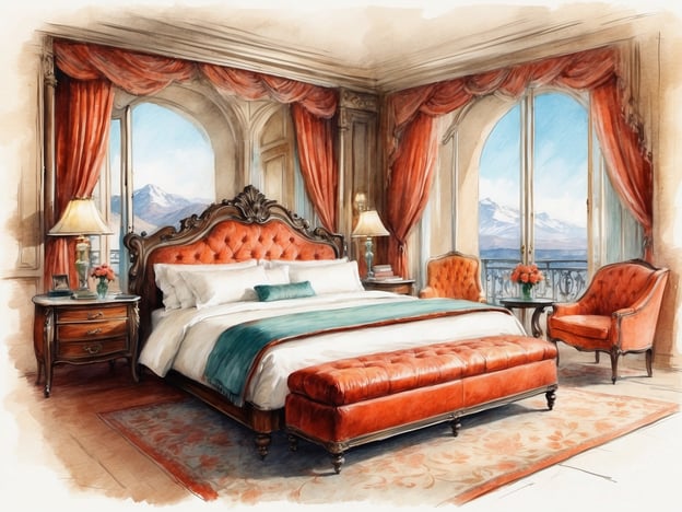 Das Bild zeigt ein elegantes Schlafzimmer mit klassischem Design. Es gibt ein großes, opulent gefedertes Bett mit einer orangenfarbigen Bettbank. Die Wände sind mit schweren, roten Vorhängen geschmückt, und große Fenster bieten einen Blick auf eine Gebirgslandschaft. Neben dem Bett steht ein Nachttisch mit einer Lampe und einem kleinen Blumenarrangement. Rote Sessel und ein kleiner Tisch vervollständigen die luxuriöse Atmosphäre des Raumes.

Über das Copthorne Hotel Baranan: Dieses Hotel bietet eine stilvolle Unterkunft mit gehobenem Ambiente, perfekt für Reisende, die Komfort und Eleganz suchen. Die Zimmer sind geschmackvoll eingerichtet und die Aussicht auf die umgebende Landschaft trägt zur entspannten Atmosphäre bei. Guests können sich auf eine Vielzahl von Annehmlichkeiten freuen, die ihren Aufenthalt angenehm gestalten.