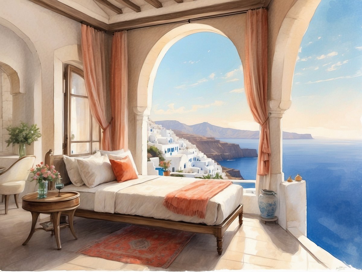 Ein elegantes Schlafzimmer mit einem großen Fenster, das einen atemberaubenden Blick auf das blaue Meer und die weiße Architektur von Santorini bietet. Der Raum ist hell und freundlich gestaltet, mit einem großen Bett, bequemen Kissen und einem leichten Überwurf in warmen Farben. An der Wand hängen sanfte Vorhänge, die die Sonne hereinlassen. Ein kleiner Holztisch mit einer Vase voller Blumen und einem Getränk ergänzt die Atmosphäre von Luxus und Entspannung. Die Küste und die Hügel von Santorini sind im Hintergrund sichtbar, während das Licht der Nachmittagssonne den Raum erhellt.