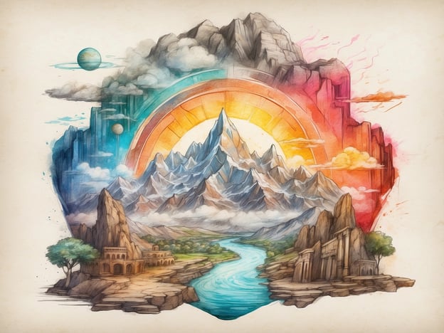 Auf dem Bild ist eine künstlerische Darstellung einer fantastischen Landschaft zu sehen. Die Szene zeigt majestätische Berge, eine schimmernde Flusslandschaft und verschiedene himmlische Elemente wie Planeten und einen bunten Regenbogen. Um die Atmosphäre zu verstärken, gibt es architektonische Ruinen und Bäume, die der Umgebung einen mystischen Charakter verleihen.

Entdecke die Attraktionen in der Nähe: Solch eine Landschaft könnte als Inspiration für einen Wanderweg in einer malerischen Bergregion oder einen thematischen Park dienen, in dem Natur und Fantasie miteinander verschmelzen. Besuche lokale Kunstgalerien oder Naturreservate, die ähnliche atemberaubende Ausblicke bieten!