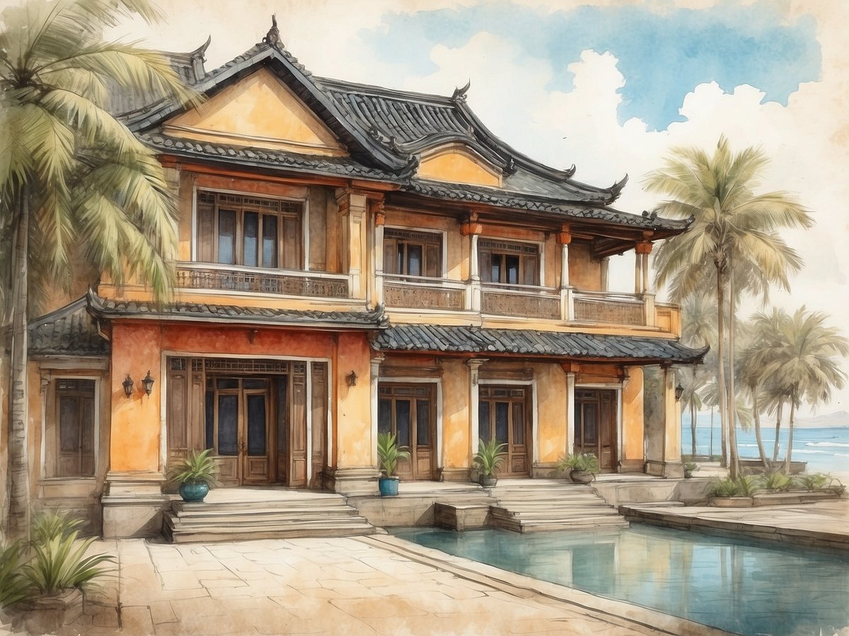 Das Bild zeigt ein elegantes Resortgebäude im Hoi An Resort in Vietnam, mit einer traditionellen Architektur, die charakteristische Elemente wie ein gefächertes Dach und farbige Fassaden aufweist. Vor dem Gebäude erstreckt sich ein einladender Pool und eine Terrasse, umgeben von tropischen Pflanzen. Im Hintergrund sind Palmen zu sehen, während der Himmel teilweise bewölkt ist.