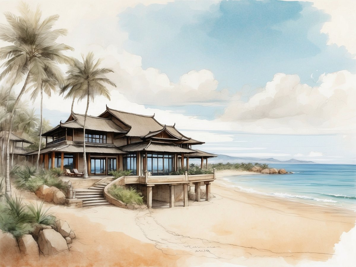 Ein luxuriöses Resort am Strand von Mui Ne in Vietnam, umgeben von Palmen und einer malerischen Küstenlandschaft. Das Gebäude mit traditioneller Architektur verfügt über große Fenster, die einen wunderschönen Meerblick bieten. Der Sandstrand erstreckt sich in der Nähe, während sanfte Wellen gegen die Küste schlagen. Eine entspannte Atmosphäre wird durch subtropische Pflanzen und Felsen im Vordergrund unterstrichen. Am Horizont sind sanfte Hügel zu sehen, unter einem klaren blauen Himmel mit ein paar Wolken.