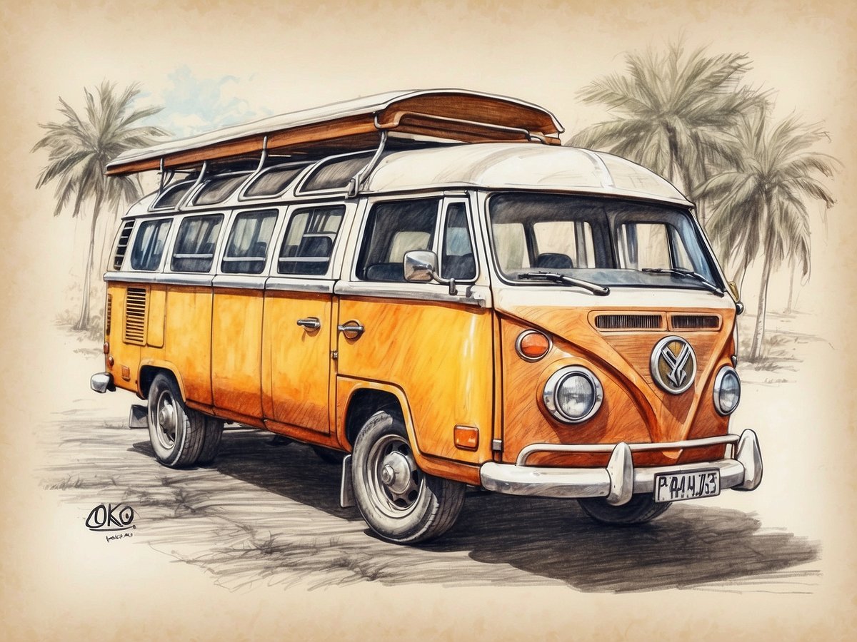Ein klassischer orangefarbener VW-Bus steht in einer sonnigen Umgebung mit Palmen im Hintergrund. Der Bus hat große Fenster auf der Seite und einen charakteristischen, nostalgischen Look. Die sanfte, skizzenhafte Darstellung vermittelt ein Gefühl von Abenteuer und Freiheit und inspiriert zu umweltbewusstem Reisen im Einklang mit der Natur. Der Bus symbolisiert die Freude am Erkunden von nachhaltigen Reisezielen und die Möglichkeit, die Schönheit der Natur zu genießen.