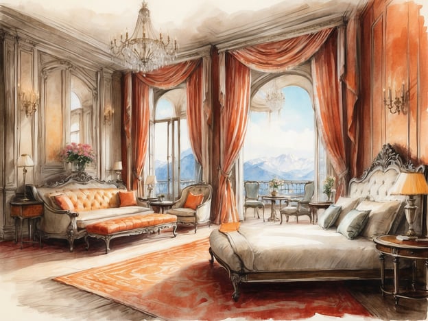 Auf dem Bild ist eine elegante Suite zu sehen. Die Zimmer und Suiten sind in einem klassischen Stil eingerichtet, mit einem großen Bett und einer gemütlichen Couch. Die Wände sind dekorativ gestaltet und die Fenster bieten einen wunderschönen Ausblick auf die Berge. Die schweren Vorhänge und die Kronleuchter verleihen dem Raum eine luxuriöse Atmosphäre. Ein kleiner Tisch mit Blumen und Stühlen rundet das Ambiente ab.