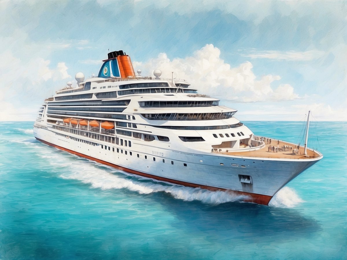 Ein großes Kreuzfahrtschiff fährt durch das kristallklare Wasser des Indischen Ozeans. Im Hintergrund sind leichte Wellen und ein blauer Himmel mit wenigen Wolken zu sehen. Auf dem Schiff sind orangefarbene Sonnenschirme auf den Decks zu erkennen, und einige Passagiere genießen die Aussicht. Die Szene vermittelt ein Gefühl von Entspannung und exotischer Urlaubsatmosphäre.