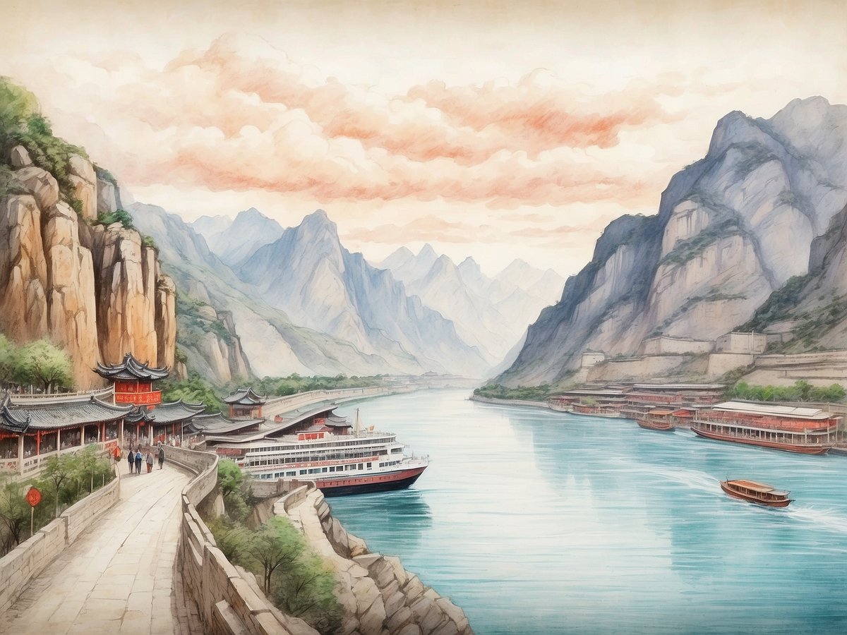 Ein malerischer Blick auf den Yangtze, umgeben von hohen Bergen und grün bewachsenen Klippen. Im Vordergrund verläuft ein gepflasterter Weg, der an traditionellen chinesischen Gebäuden mit roten Akzenten vorbeiführt. Mehrere Kreuzfahrtschiffe sind am Ufer und auf dem ruhigen Wasser zu sehen, während im Hintergrund die majestätische Berglandschaft und ein bewölkter Himmel für eine friedliche Atmosphäre sorgen.