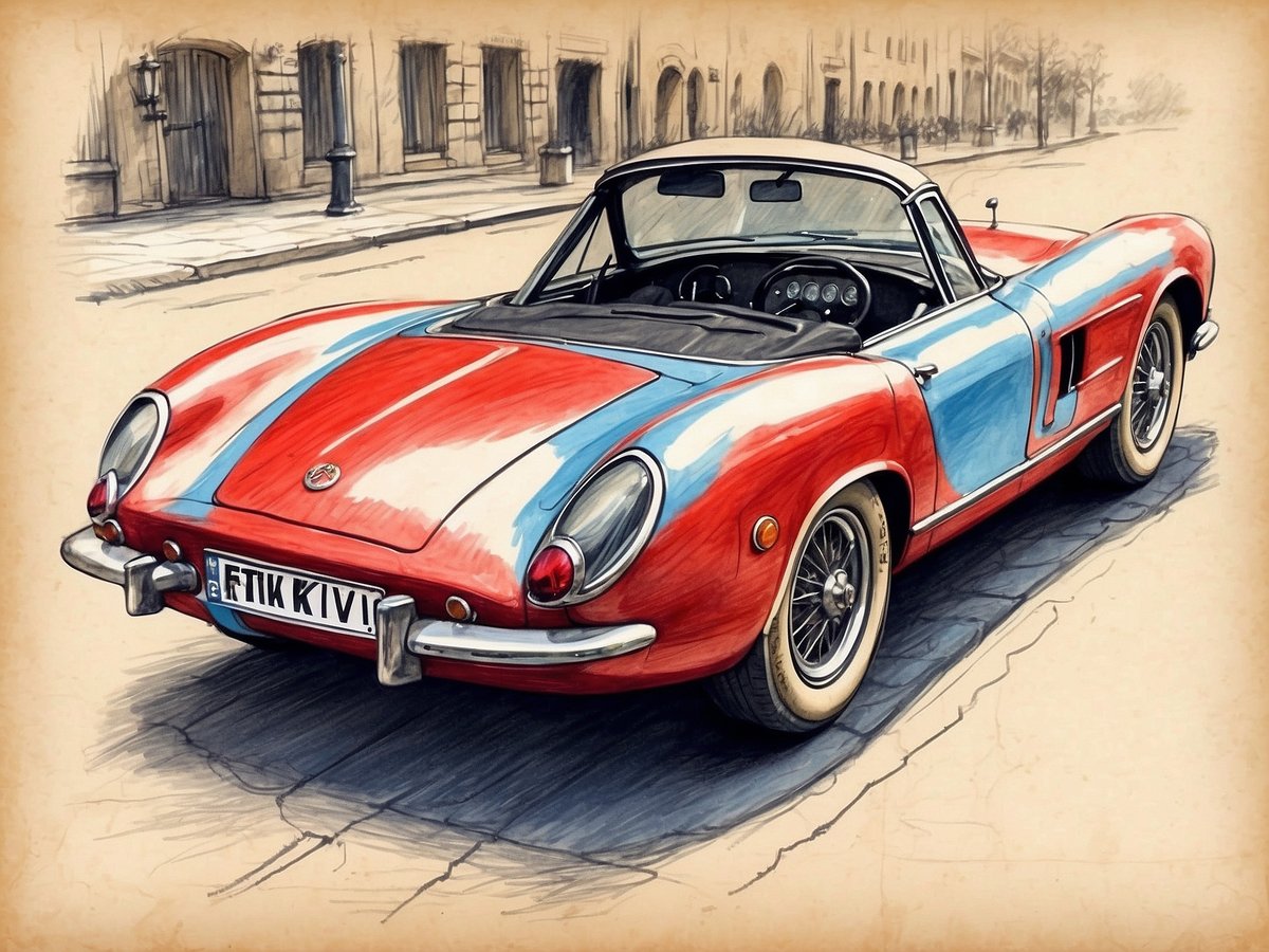 Ein klassisches Sportauto mit einer rot-blauen Lackierung steht auf einer gepflasterten Straße. Es hat ein offenes Verdeck und ist von einer städtischen Kulisse umgeben, die alte Gebäude und Straßenlaternen zeigt. Die Farben des Autos sind lebhaft und gut erkennbar. Im Hintergrund sind weiche Konturen von Bäumen und historischen Fassaden sichtbar, die eine nostalgische Atmosphäre schaffen.