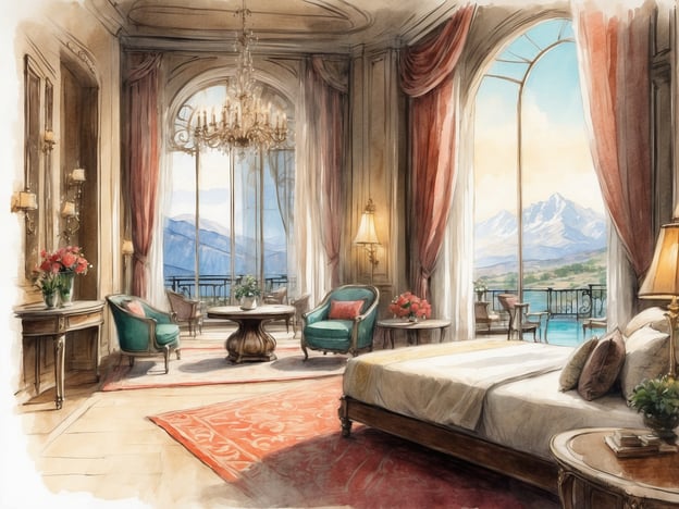 Auf dem Bild ist ein luxuriöses Hotelzimmer zu sehen. Der Raum ist groß und elegant gestaltet, mit einem großen Fenster, das einen herrlichen Blick auf eine Berglandschaft und einen See ermöglicht. 

Im Vordergrund sieht man ein großes, bequemes Bett und einen stilvollen Teppich. Es gibt bequeme Sessel in einem schönen Grünton, sowie einen runden Tisch in der Mitte des Raumes. An den Wänden hängen elegante Lampen, und frische Blumen verleihen dem Raum eine einladende Atmosphäre. Die gesamte Einrichtung strahlt Luxus und Komfort aus, ideal für einen entspannenden Aufenthalt in einem gehobenen Hotel.