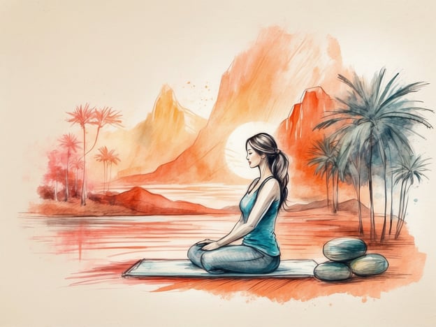 Auf dem Bild sieht man eine Frau, die in einer meditativen Pose sitzt. Sie befindet sich in einer ruhigen, natürlichen Umgebung mit Bergen und Palmen im Hintergrund, was eine entspannende Atmosphäre schafft. Die Bedürfnisse für Freizeit- und Wellnessangebote werden hier deutlich: Yoga, Meditation und Naturerlebnisse sind ideal für Stressabbau und innere Ruhe. Die Verwendung von Steinen könnte auf eine Massage oder die Nutzung von Hot-Stone-Techniken hinweisen, die oft in Wellnessanwendungen verwendet werden. Insgesamt vermittelt das Bild eine friedliche und harmonische Stimmung, die zur Erholung einlädt.