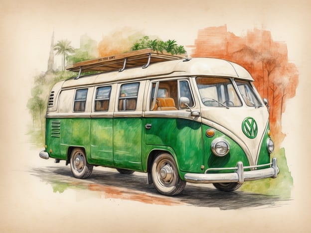 Auf dem Bild ist ein klassischer Volkswagen-Bus in grüner und beige Farbgestaltung zu sehen. Der Bus hat eine Holzkiste auf dem Dach, die wahrscheinlich Pflanzen oder andere umweltfreundliche Elemente transportiert. Diese Darstellung könnte gut zur Green Community Initiative passen, die sich auf nachhaltige Mobilität und den Schutz der Umwelt konzentriert. Der Volkswagen-Bus symbolisiert oft Abenteuer und Reisen, verbunden mit umweltbewusstem Verhalten.