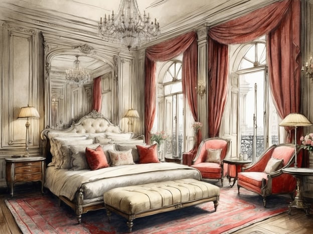 Auf dem Bild ist ein luxuriöses Schlafzimmer zu sehen. Es hat elegante Möbel, darunter ein großes, opulentes Bett mit vielen Kissen, sowie zwei rote Sessel und einen dekorativen Teppich. Die Wände sind hell gestrichen und mit kunstvollen Verzierungen versehen. Große Fenster mit pompösen Vorhängen lassen Licht herein und bieten möglicherweise einen Blick auf die Umgebung.

Das Copthorne Tara Hotel ist ein komfortables Hotel in London, das eine gute Lage und verschiedene Annehmlichkeiten bietet. Es ist bekannt für seinen freundlichen Service und die großzügigen Zimmer, die oft elegant eingerichtet sind und über moderne Annehmlichkeiten verfügen. Die Unterkunft zieht sowohl Geschäftsreisende als auch Touristen an und befindet sich in der Nähe beliebter Sehenswürdigkeiten.