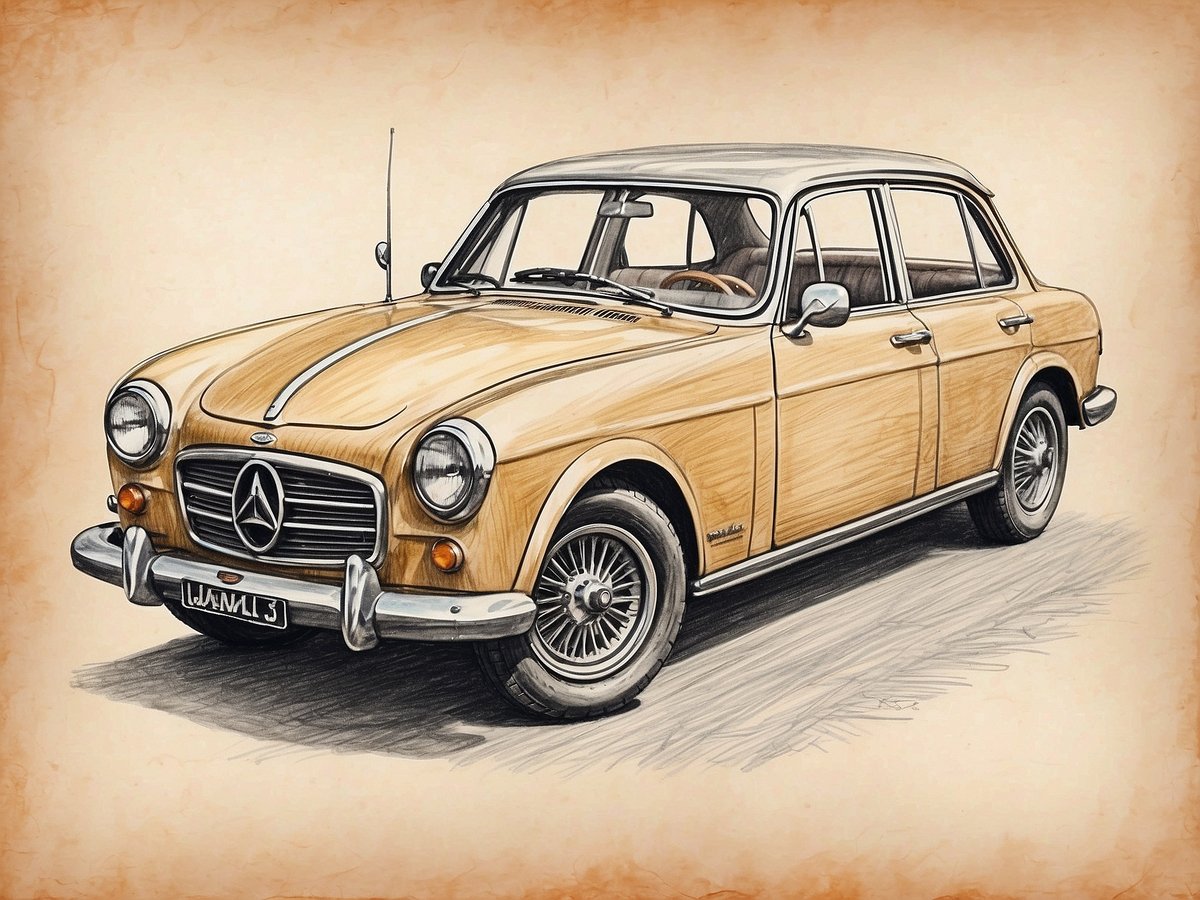 Ein gelb lackierter Oldtimer mit einer typischen Mercedes-Benz Frontpartie steht auf einem neutralen Hintergrund. Das Auto hat eine elegante Form mit runden Scheinwerfern und robusten Chromdetails. Die Motorhaube ist geschwungen und das Dach ist zweifarbig, in einem helleren Farbton. Die Felgen haben ein klassisches Design. Diese Darstellung vermittelt nostalgisches Flair und verbindet sich mit dem Thema nachhaltiges Reisen durch die Wiederbelebung klassischer Fahrzeuge.