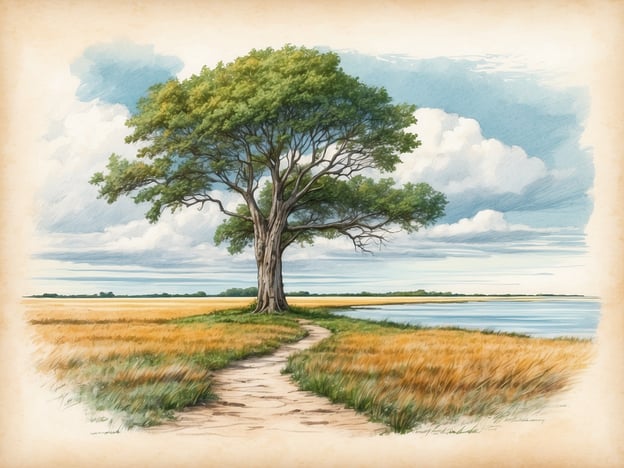 Auf dem Bild ist eine malerische Landschaft mit einem großen Baum, einem Weg und einem Gewässer zu sehen. Die Szene könnte eine Anspielung auf die Halligen sein, die einzigartigen Geesträume in Nordfriesland, bekannt für ihre typischen Wiesenlandschaften und die Nähe zum Wasser. Diese Region ist geprägt von flachen, salzigen Wiesen, die bei Hochwasser überflutet werden, was die besondere Schönheit und das außergewöhnliche Ökosystem der Halligen ausmacht.