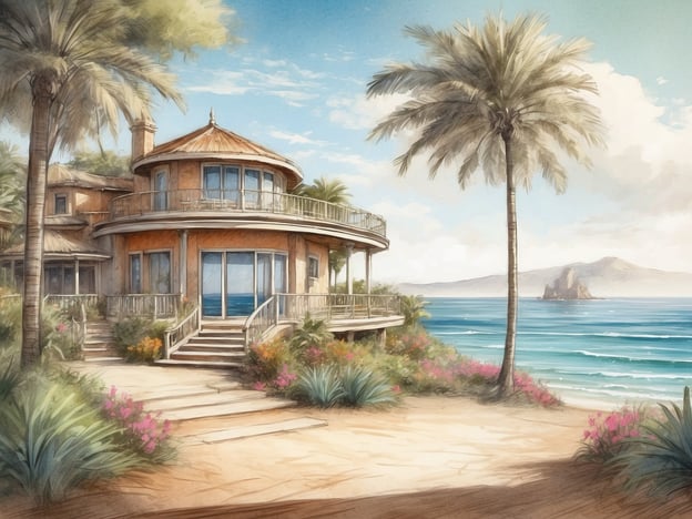 Auf dem Bild ist ein hübsches, rundes Ferienhaus zu sehen, das am Strand steht. Es hat eine große Veranda mit Glasfronten, die einen Blick auf das Meer ermöglichen. Rund um das Haus wachsen Palmen und bunte Blumen, die eine tropische Atmosphäre schaffen. Im Hintergrund erstreckt sich der Ozean, und man kann eine kleine Insel oder einen Felsen sehen. Der Himmel ist klar mit einigen Wolken, und die ganze Szene vermittelt ein Gefühl von Ruhe und Erholung an einem sonnigen Tag.