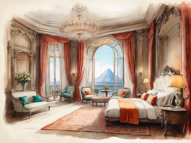 Das Bild zeigt eine kunstvoll gestaltete Suite mit einem eleganten, klassisch inspirierten Design. Im Raum befinden sich ein großes Bett mit weißen und orangefarbigen Kissen, ein stilvoller Sitzbereich mit sofas und bequemen Stühlen sowie ein Tisch. Dominiert wird der Raum von großen Fenstern, die einen atemberaubenden Blick auf einen Berg bieten. 

Das Grand Millennium Al Wahda ist ein luxuriöses Hotel in Abu Dhabi, bekannt für seinen beeindruckenden Service und seine gehobene Ausstattung. Es bietet stilvolle Zimmer und Suiten, zahlreiche Restaurants, einen Wellnessbereich und direkten Zugang zu einem Einkaufszentrum. Die Lage macht es zu einem idealen Ziel für Geschäftsreisende und Urlauber, die sowohl Komfort als auch Bequemlichkeit suchen.