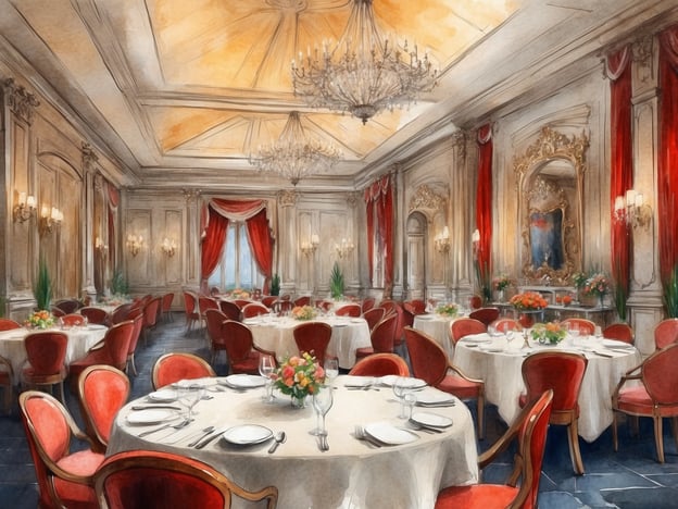 Auf dem Bild ist ein elegantes Restaurant im Hotel zu sehen, das mit opulenten roten Vorhängen und goldenen Wandanstrichen ausgestattet ist. Die Tische sind festlich mit weißen Tischtüchern und blumigen Mitteldekorationen gedeckt. Eine große Kristalllüster sorgt für eine prunkvolle Beleuchtung, während große Fenster Tageslicht hereinlassen. Solche Dining-Erlebnisse im Hotel bieten oft eine exquisite Kulinarik und eine ansprechende Atmosphäre, die Gästen ein Gefühl von Luxus und Komfort vermittelt.