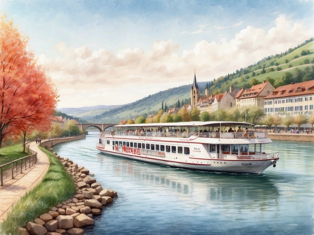 Ein komfortables Flussschiff mit der Aufschrift Neckar kreuzt malerisch den ruhigen Neckar. Uferbäume in leuchtendem Herbstlaub reflektieren im Wasser. Im Hintergrund erstrecken sich sanfte Hügel und eine alte Brücke. An der Uferpromenade sind Spaziergänger zu sehen, die die idyllische Landschaft genießen, während historische Gebäude und Kirchtürme die Szenerie abrunden. Die heitere Atmosphäre wird durch den blauen Himmel und die sanften Wolken verstärkt.