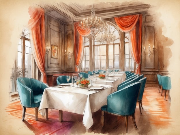 Auf dem Bild ist ein elegantes Hotelrestaurant zu sehen. Der Raum ist geschmackvoll eingerichtet mit hohen Fenstern, durch die das Licht strömt, und opulenten Vorhängen in warmen Farben. Die Tische sind festlich gedeckt mit weißen Tischtüchern, stilvollem Geschirr und Gläsern, die auf eine exquisite Tischkultur hinweisen. Ein frischer Blumenschmuck ziert das Zentrum des Tisches und bringt Farbe in die Atmosphäre. Das gesamte Ambiente lädt ein, kulinarische Genüsse zu erleben und sich von kreativen Gerichten verwöhnen zu lassen, die die Gastronomie des Hotels widerspiegeln.