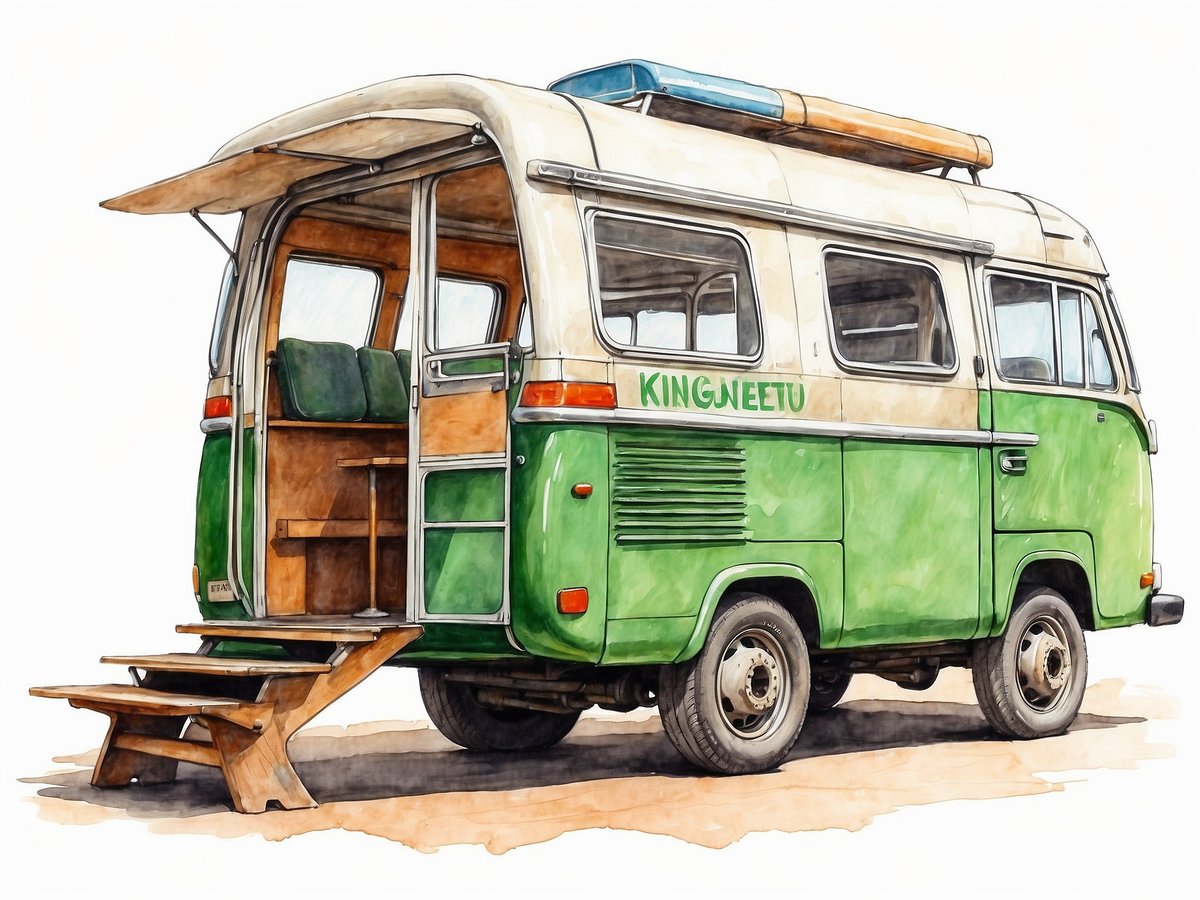 Ein vintage grüner Campingbus steht auf sandigem Boden. Die Rückseite des Busses ist offen, und eine Holztreppe führt zu den Sitzen im Innenraum. Der Bus hat eine nostalgische Form mit großen Fenstern und einer hohen Dachstruktur. Auf dem Dach sind zwei farbige Surfboards befestigt, die Abenteuer und Freizeitaktivitäten suggerieren. In der geöffneten Rückseite sind Holzregale sichtbar, die einladend wirken.