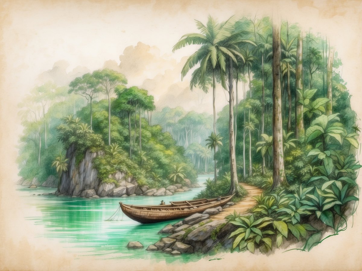 Eine malerische Landschaft im Amazonasgebiet mit üppiger tropischer Vegetation, hohen Palmen und dichtem Grün. Ein ruhiger Fluss ist im Vordergrund sichtbar, an dessen Ufer ein traditionelles Holzboot vertäut ist. Am Ufer führt ein schmaler Pfad durch die Bäume und Pflanzen, umgeben von Felsen und leuchtend grünen Blättern. Der Hintergrund ist mit sanften Hügeln und Nebel angedeutet, was eine friedliche und unberührte Naturkulisse zeigt.
