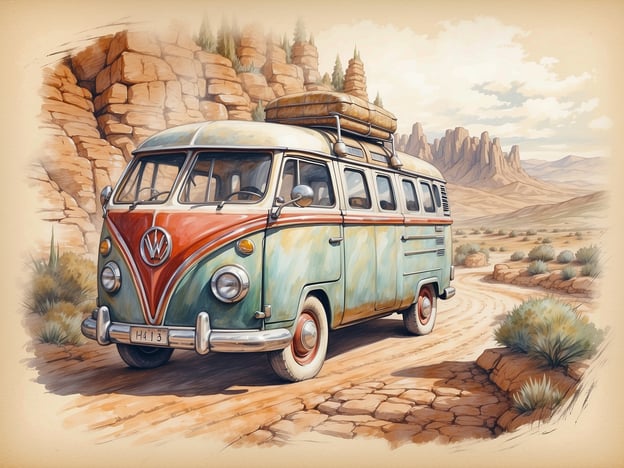 Auf dem Bild ist ein VW-Bus zu sehen, der auf einer kurvenreichen, staubigen Straße in einer malerischen Wüstenlandschaft fährt. Die Umgebung ist geprägt von beeindruckenden Felsen und sanften Hügeln im Hintergrund. Der Himmel ist hell und vermittelt das Gefühl von Freiheit und Abenteuer. Auf dem Dach des Busses sind Gepäckstücke befestigt, was darauf hindeutet, dass eine Reise oder Erkundung bevorsteht. Diese Szenerie lädt dazu ein, die Umgebung zu erkunden und die Natur zu genießen.