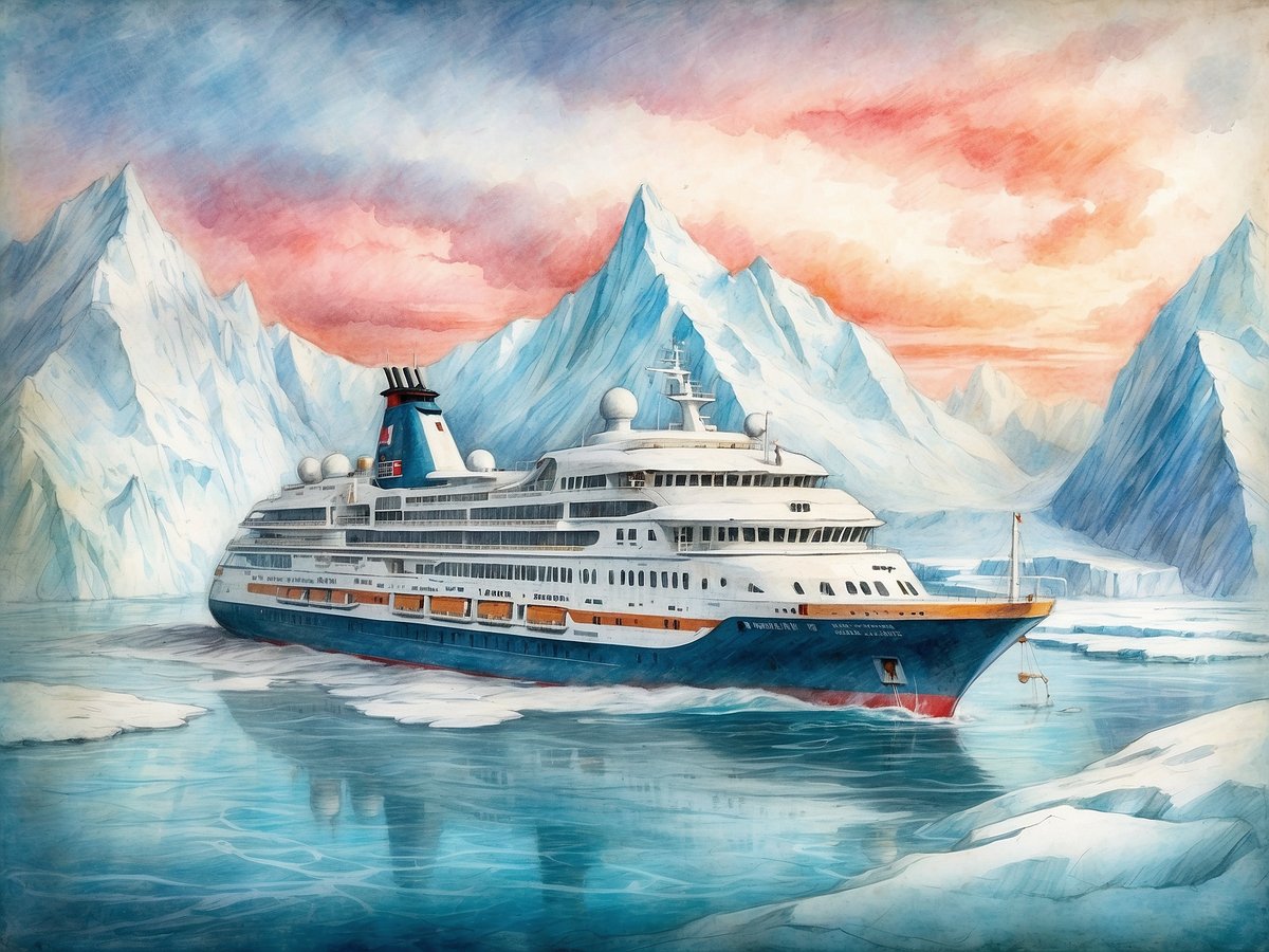 Ein großes Kreuzfahrtschiff navigiert durch arktische Gewässer, umgeben von beeindruckenden Gletschern und schneebedeckten Bergen. Der Himmel ist in sanften rosa und blauen Farbtönen gefärbt, was eine ruhige und mystische Atmosphäre schafft. Eisschollen treiben im Wasser, während das Schiff majestätisch in diese unberührte Landschaft eintaucht. Arktis Kreuzfahrten: Abenteuer im ewigen Eis.