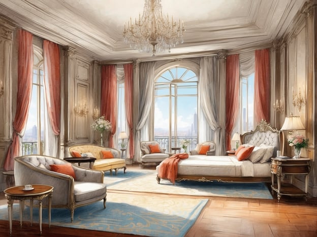 Auf dem Bild ist ein elegantes Zimmer zu sehen, das reichhaltig gestaltet ist. Es weist hohe Decken mit einer schönen Lichtinstallation und große Fenster auf, die einen Blick auf die Außenlandschaft bieten. Die Möbel sind stilvoll und komfortabel, einschließlich einer gemütlichen Sitzgruppe mit farbigen Kissen und einem prächtigen Bett mit einer aufwendigen Kopfteilgestaltung. Der Raum strahlt eine luxuriöse und einladende Atmosphäre aus, perfekt für jeden Geschmack. Die Kombination aus warmen Farbtönen und edlem Mobiliar schafft eine harmonische und entspannende Umgebung.