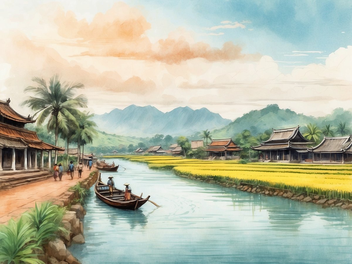 Eine idyllische Landschaft mit einem ruhigen Fluss, gesäumt von Reisfeldern und schattenspendenden Palmen. Auf der linken Seite stehen traditionelle vietnamesische Häuser mit roten Dächern. Am Ufer spazieren Menschen und einige Boote gleiten sanft im Wasser. Im Hintergrund erheben sich sanfte grüne Hügel, während der Himmel in sanften Pastelltönen leuchtet. Dies vermittelt eine friedliche Atmosphäre, die typisch für Mekong Kreuzfahrten in Vietnam ist.