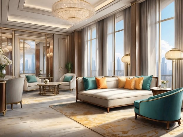 Auf dem Bild ist eine luxuriöse Suite im Grand Millennium Shanghai HongQiao zu sehen. Der Raum ist hell und elegant eingerichtet, mit großen Fenstern, die viel Tageslicht hereinlassen. Es gibt ein bequemes Sofa mit Kissen in verschiedenen Farben, stilvolle Sessel und einen Tisch mit Blumenarrangement. Die Ausstattung kombiniert moderne Eleganz mit einem Hauch von Luxus, ideal für eine entspannte Atmosphäre. Die Aussicht auf die Stadt durch die Fenster rundet das Gesamtbild ab.