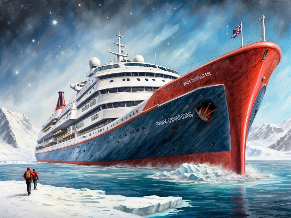 Ein großes Kreuzfahrtschiff liegt im eisigen Wasser der Antarktis. Das Schiff hat eine markante rot-weiße Farbgebung und ist von schneebedeckten Bergen umgeben. Im Vordergrund sind zwei Personen in warmer Kleidung zu sehen, die auf einer Eisfläche entlang des Wassers gehen. Der Himmel ist klar und weist einige Sterne auf, während das Wasser in einer kalten, blauen Farbe schimmert. Die Szene vermittelt ein Gefühl von Abenteuer und Erkundung in einer abgelegenen und beeindruckenden Landschaft.