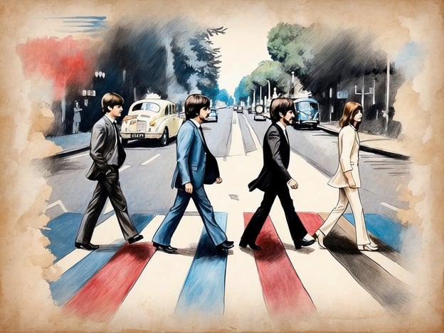 Auf dem Bild sieht man eine kreative Darstellung, die an das berühmte Cover des Beatles-Albums "Abbey Road" erinnert. Die vier Mitglieder der Band überqueren einen Zebrastreifen, umgeben von einer urbanen Szenerie. Stell dir vor, in einem Hotel mit Beatles-Thema könnte es eine Nachbildung dieses Zebrastreifens geben, an dem die Gäste posieren können. Vielleicht gibt es auch Zimmer, die nach ihren ikonischen Songs benannt sind, und eine Lobby, die die Atmosphäre der 60er Jahre einfängt, komplett mit Vintage-Möbeln und Musik der Beatles im Hintergrund.