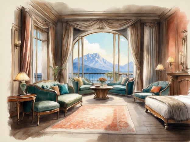 Auf dem Bild ist ein elegantes Wohnzimmer zu sehen, das durch große Fenster eine atemberaubende Aussicht auf Berge und Wasser bietet. Besonders auffällig sind die stilvollen Möbel, darunter zwei geschmackvoll gestaltete Sofas in sanften Grüntönen und ein runder Couchtisch aus Holz. 

Die Raumgestaltung umfasst zudem eine warme Farbpalette, die durch die hellen Vorhänge und die Teppichgestaltung ergänzt wird. Eine Tischlampe und Wandkerzen sorgen für eine gemütliche Beleuchtung, während Topfpflanzen einen Hauch von Natur in den Raum bringen. 

Das gesamte Ambiente strahlt einen Hauch von Luxus und Behaglichkeit aus, ideal für entspannende Stunden mit Blick auf die schöne Landschaft.