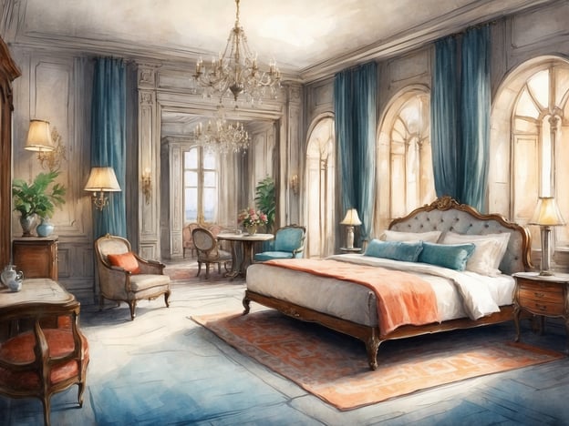 Auf dem Bild ist ein elegantes Schlafzimmer zu sehen. Es ist großzügig gestaltet mit hohen Decken und großen Fenstern, die für viel Licht sorgen. Die Wände sind hell und aufwendig dekoriert, während der Boden mit einem schönen Teppich ausgelegt ist.

Im Raum befinden sich ein großes, luxuriöses Bett mit einer ornamentierten Kopfteil, das mit weichen Kissen und einer Decke ausgestattet ist. Daneben stehen zwei Nachttische mit Lampen. Es gibt auch einen bequemen Sessel mit einer farblich abgestimmten Kissen, sowie einen kleinen Tisch mit Stühlen, die eine gemütliche Sitzecke bilden. Pflanzen und Blumen ergänzen die Ausstattung und verleihen dem Raum eine frische, einladende Atmosphäre.