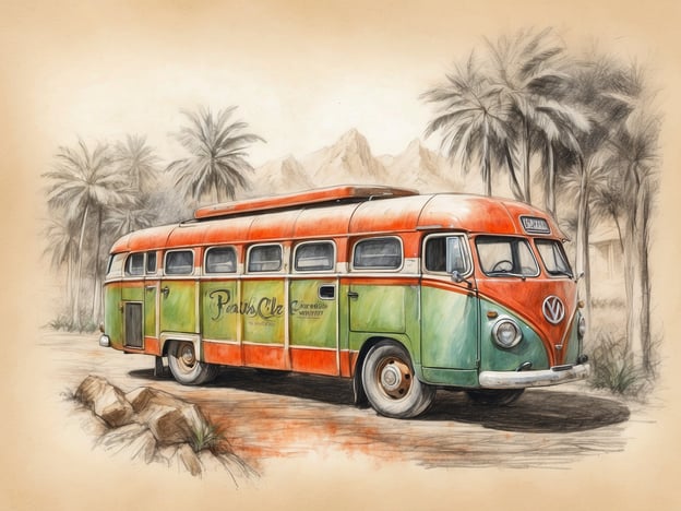 Auf dem Bild ist ein nostalgischer VW-Bus zu sehen, der in einer malerischen Umgebung mit Palmen und Bergen geparkt ist. Solche Fahrzeuge werden oft im Kontext von nachhaltigem Reisen und sozialem Engagement genutzt. Sie fördern ein umweltfreundliches Reiseerlebnis, indem sie kurze Strecken effizient zurücklegen und oft für Camperaktivitäten genutzt werden, die Gemeinschaft und Naturverbundenheit stärken. Projekte, die mit solchen Vans verbunden sind, könnten Workshops zur Umweltbildung oder Unterstützung nachhaltiger Initiativen in verschiedenen Regionen umfassen.