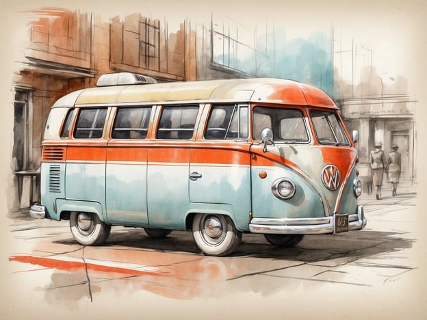 Auf dem Bild ist ein klassischer Volkswagen-Bus zu sehen, der in einem künstlerischen Stil dargestellt ist. Der Bus ist in sanften Farben gehalten, insbesondere in Türkis und Orange, und scheint in einer städtischen Umgebung, möglicherweise in Auckland, geparkt zu sein. Im Hintergrund sind ein paar Menschen zu erkennen, die auf der Straße gehen.

Das M Social Auckland ist ein modernes Hotel in Auckland, Neuseeland, das für seinen stilvollen und einladenden Charakter bekannt ist. Es bietet eine Mischung aus komfortablen Unterkünften, trendigen Restaurants und einem kreativen Ambiente, das oft als Ausgangspunkt für Erkundungen der Stadt genutzt wird.