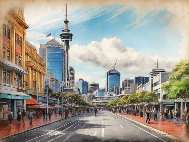 Auf dem Bild ist eine belebte Straße in Auckland zu sehen, die von modernen und historischen Gebäuden gesäumt ist. Hochhäuser und der Sky Tower ragen in den Himmel, während Menschen entspannt die Straße entlanggehen. Entdecke die Schönheit von Auckland – eine Stadt, die lebendiges Stadtleben und beeindruckende Architektur vereint.