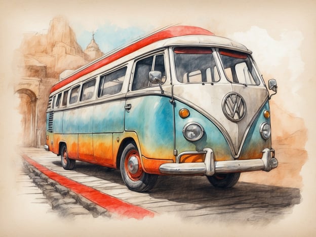 Auf dem Bild ist ein kunstvoll gestalteter Volkswagen-Bus zu sehen, der mit sanften Farbverläufen in Blau und Orange kreativ illustriert ist. Der Bus steht auf einer gepflasterten Straße, die von einer auffälligen roten Linie gesäumt wird, was dem Szenario eine besondere Note verleiht. Im Hintergrund sind architektonische Elemente zu erkennen, die an historische Gebäude erinnern und eine nostalgische Atmosphäre schaffen. Die gesamte Komposition vermittelt ein Gefühl von Abenteuerlust und Freiheit, typisch für Roadtrips und unvergessliche Reiseerlebnisse.