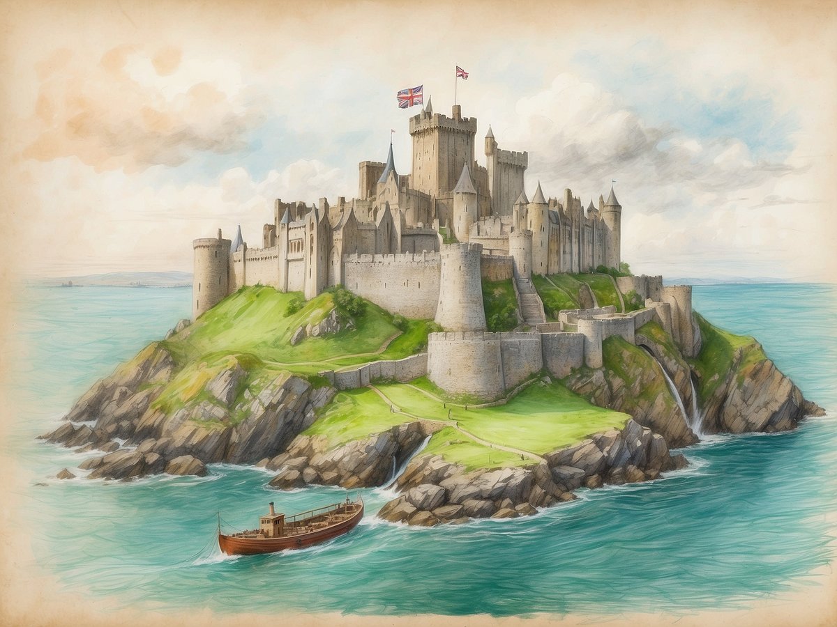 Eine majestätische Burg thront auf einem bewaldeten Hügel, umgeben von türkisblauem Wasser. Die Burgmauern sind robust und in verschiedenen Höhen, mit Türmen und klassischen Elementen der mittelalterlichen Architektur. Im Vordergrund schwimmt ein traditionelles Boot auf dem ruhigen Wasser, während im Hintergrund sanfte Hügel und eine bewölkte Himmelslandschaft zu sehen sind. Die Szene strahlt eine friedliche, natürliche Schönheit aus und lädt zur Erkundung der britischen Inseln ein.