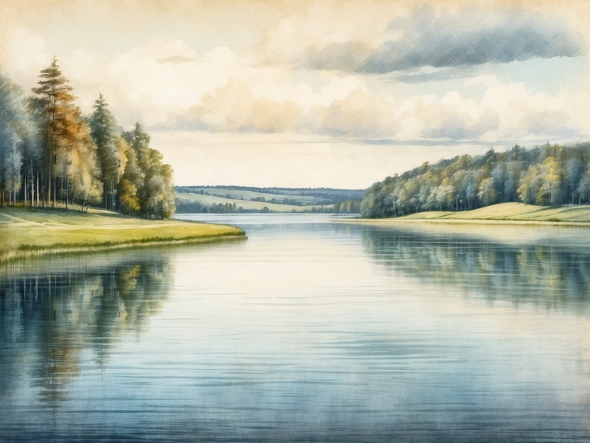 Eine friedliche Landschaft mit einem klaren, ruhigen Gewässer, das die umgebenden Bäume und Hügel spiegelt. Am Ufer stehen hohe Bäume in sanften Farben des Herbstes, während die sanften, grünen Wiesen in der Nähe die Szenerie abrunden. Der Himmel ist durchzogen von leichten Wolken, die dem Bild eine ruhige und harmonische Atmosphäre verleihen. Dieses idyllische Fleckchen Erde eröffnet einen Blick auf die Masurische Seenplatte, das versteckte Wasserparadies Polens.