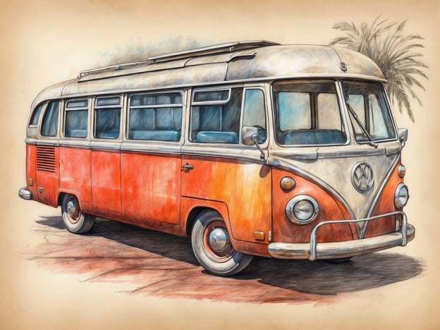 Auf dem Bild ist ein klassischer Volkswagen-Bus zu sehen, der durch seine auffällige orange-weiße Farbe besticht. Der Bus hat große seitliche Fenster, die ein einladendes Gefühl vermitteln. Die Umgebung scheint sonnig und warm zu sein, mit Palmen im Hintergrund, die eine entspannte Urlaubsatmosphäre schaffen. Dieser Bus könnte ideal für Reisen durch malerische Landschaften sein, perfekt für ein Abenteuer am Strand oder in der Natur. Die Darstellung hat einen nostalgischen Charakter, der Erinnerungen an vergangene Zeiten weckt.