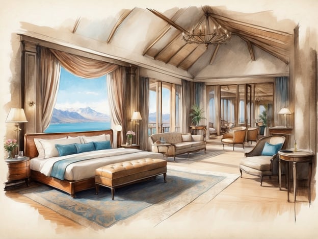 Auf dem Bild ist ein stilvolles und gut gestaltetes Hotelzimmer zu sehen. Es ist eine geräumige Suite mit hohen Decken und großen Fenstern, die einen atemberaubenden Blick auf eine Landschaft mit Wasser und Bergen bieten. Das Zimmer ist elegant eingerichtet, mit einem großen Bett, das mit weißen und blauen Kissen dekoriert ist. Es gibt eine gemütliche Sitzecke mit komfortablen Sesseln und einem kleinen Tisch. Eine orientalische Teppich und dekorative Lampen verleihen dem Raum eine einladende Atmosphäre. Insgesamt vermittelt das Bild ein Gefühl von Luxus und Komfort.