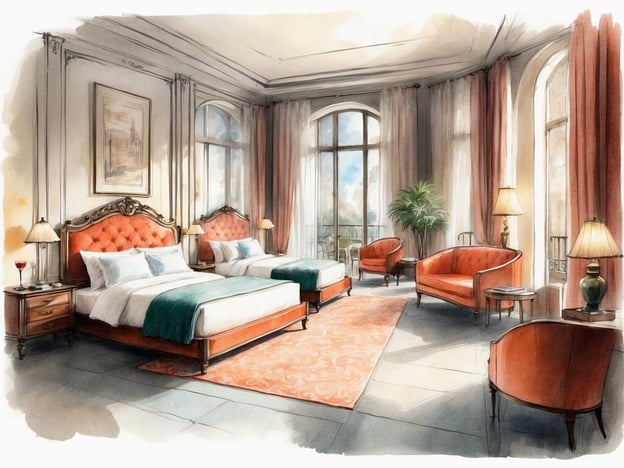 Auf dem Bild ist ein elegantes Zimmer zu sehen, das eine angenehme Atmosphäre vermittelt. Der Raum verfügt über zwei große Betten mit gepolsterten Kopfenden in orange. Neben den Betten stehen Nachttische mit Lampen und es gibt eine große Fensterfront, die viel Licht hereinlässt. 

Die Ausstattung umfasst auch einen Teppich in einer warmen Farbe und ein paar gemütliche Sessel sowie ein Sofa in einem ähnlichen Farbton. Zudem ist im Raum eine Pflanze zu sehen, die für einen frischen Akzent sorgt. Die Wände sind hell und geschmackvoll dekoriert, was den Raum besonders einladend macht.