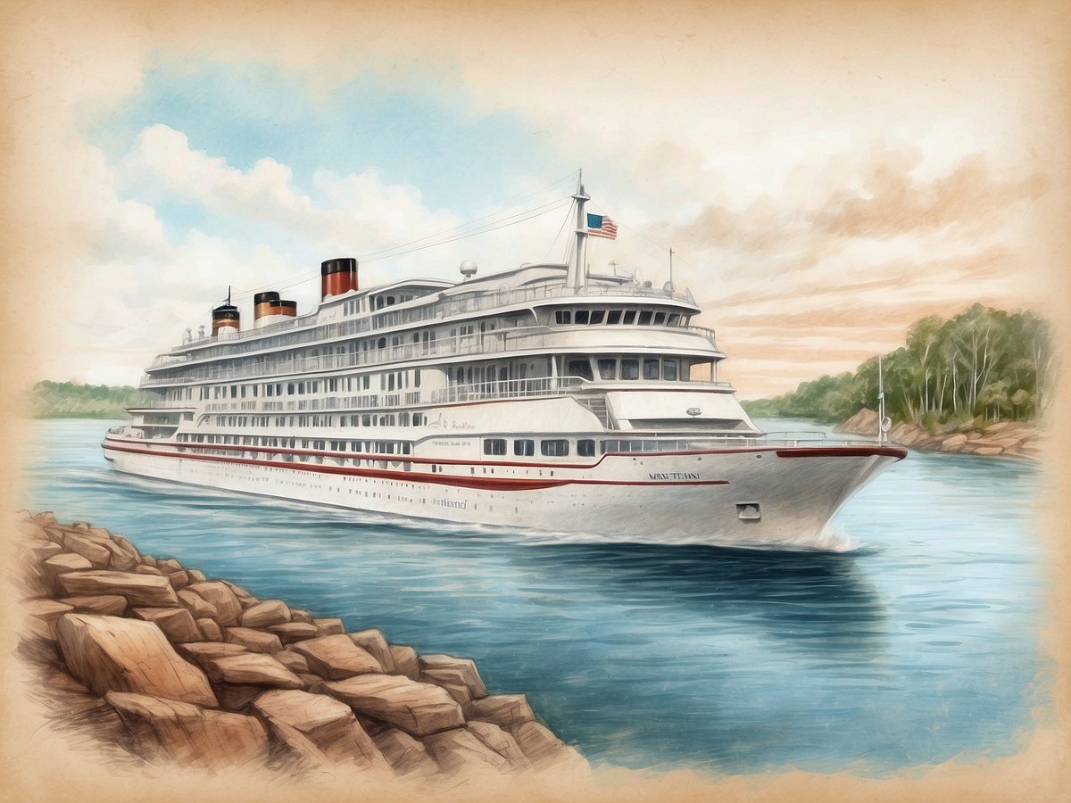 Ein elegantes Kreuzfahrtschiff fährt majestätisch auf einem amerikanischen Fluss. Die Schiffe sind mit einer rot-weißen Farbgestaltung und charakteristischen Schornsteinen ausgestattet. Am Ufer sind große Steine sichtbar, die dem Bild eine natürliche, ruhige Kulisse verleihen. Der Himmel ist leicht bewölkt und im Hintergrund sind sanfte Hügel und Bäume zu sehen, was eine friedliche Atmosphäre schafft.