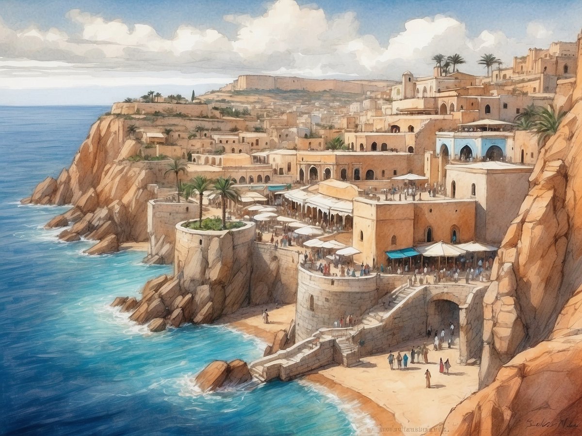 Die Szene zeigt eine malerische Küstenstadt an der nordafrikanischen Atlantikküste, umgeben von hohen, steilen Klippen. Im Vordergrund sind die Wellen des Meeres sichtbar, die sanft an die Felsen schlagen. Die Architektur der Gebäude ist typisch für die Region, mit hellen, erdigen Farben und einer Mischung aus historischen und modernen Elementen. Palmen säumen die Fußwege, während Menschen gemütlich auf den Terrassen der Cafés sitzen und die Aussicht genießen. Die Wolken am Himmel verleihen der Landschaft eine friedliche Atmosphäre, die zum Entdecken der Geheimnisse Marokkos und darüber hinaus einlädt.