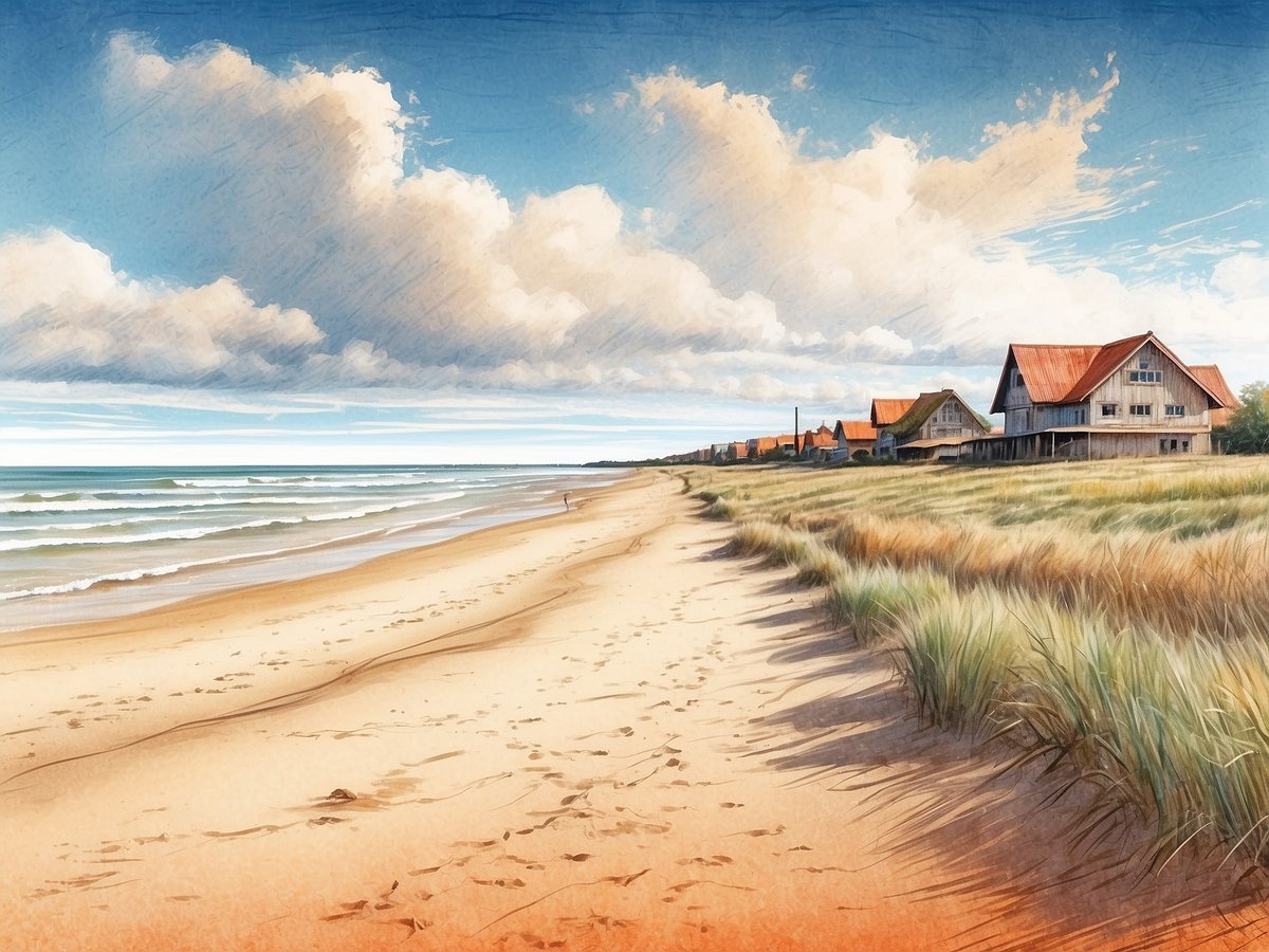 Eine malerische Strandlandschaft in Haffkrug mit feinem Sand, sanften Wellen und einem klaren blauen Himmel. Am linken Rand sind Fußspuren im Sand zu sehen, während das Wasser sanft an den Strand plätschert. Im Hintergrund stehen mehrere charmante Ferienhäuser mit roten Dächern, umgeben von einem grünen Grasstreifen und einer sanften Dünenlandschaft. Große, flauschige Wolken ziehen am Himmel vorbei und verleihen der Szene eine ruhige Atmosphäre.