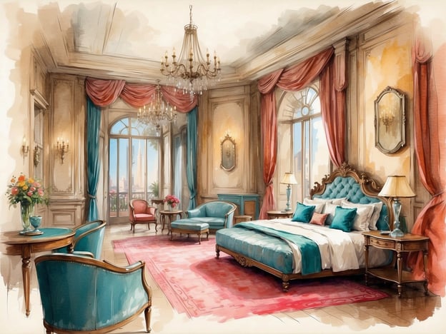 Auf dem Bild ist ein elegantes Hotelzimmer im stilvollen Design zu sehen. Es verfügt über eine große, aufwendig gestaltete Bettenlandschaft mit blauen und weißen Bettbezügen sowie dekorative Kissen. Der Raum ist mit opulenten Vorhängen, einem großzügigen Kronleuchter und geschmackvollem Mobiliar ausgestattet, das zum Entspannen einlädt. Eine beeindruckende Aussicht durch große Fenster vervollständigt das Ambiente.

Das Millennium Al Rawdah Hotel ist bekannt für seinen luxuriösen Stil und hochwertigen Komfort. Es bietet eine Vielzahl von Annehmlichkeiten, darunter elegante Zimmer, spezialisierte Restaurants und gut ausgestattete Besprechungsräume. Die Lage des Hotels ermöglicht Gästen den Zugang zu zahlreichen Attraktionen und Geschäftszentren in der Umgebung.