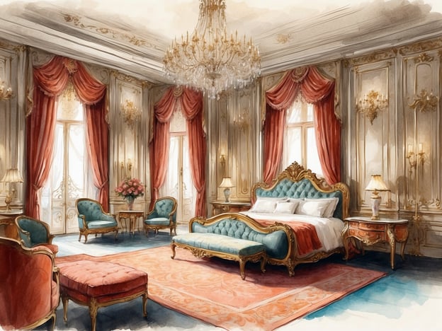 Auf dem Bild sind luxuriöse Zimmer und Suiten zu sehen. Der Raum ist opulent gestaltet, mit eleganten Möbeln in sanften Farben und prächtigen Vorhängen. Ein prächtiges Bett steht im Mittelpunkt des Zimmers, umgeben von stilvollen Sitzgelegenheiten und dekorativen Elementen, die den luxuriösen Charakter des Raumes unterstreichen. Der gesamte Raum strahlt eine elegante Atmosphäre aus, ideal für ein gehobenes Ambiente.