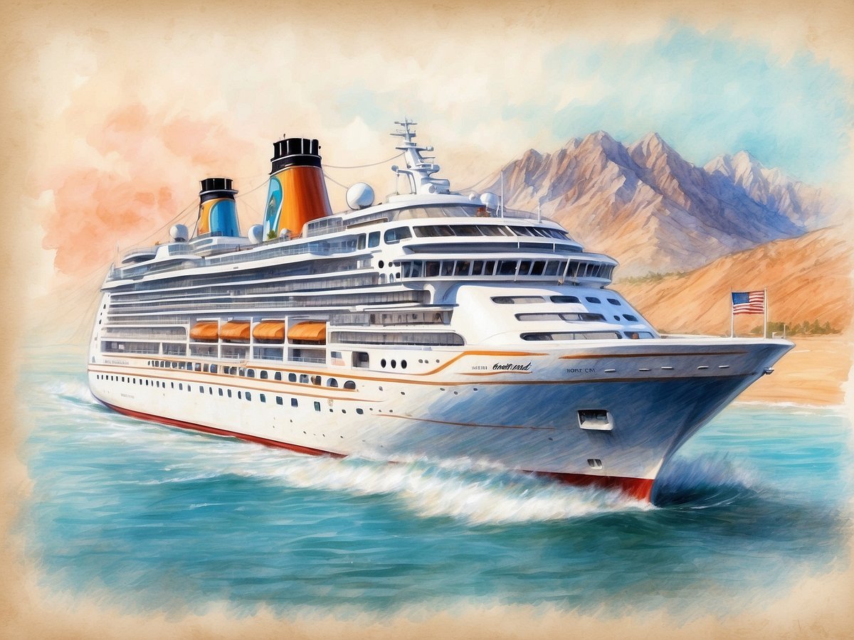 Ein großes Kreuzfahrtschiff fährt durch ruhige Gewässer entlang einer Küstenlandschaft. Im Hintergrund erheben sich beeindruckende Berge, und die Sonne strahlt über die Szene. Das Schiff ist mit orangefarbenen und blauen Akzenten versehen und trägt eine amerikanische Flagge. Die sanften Wellen spiegeln das Licht wider, während das Schiff majestätisch voranschreitet, was die Erlebnisse und Entdeckungsreisen zwischen Kalifornien und Alaska symbolisiert.