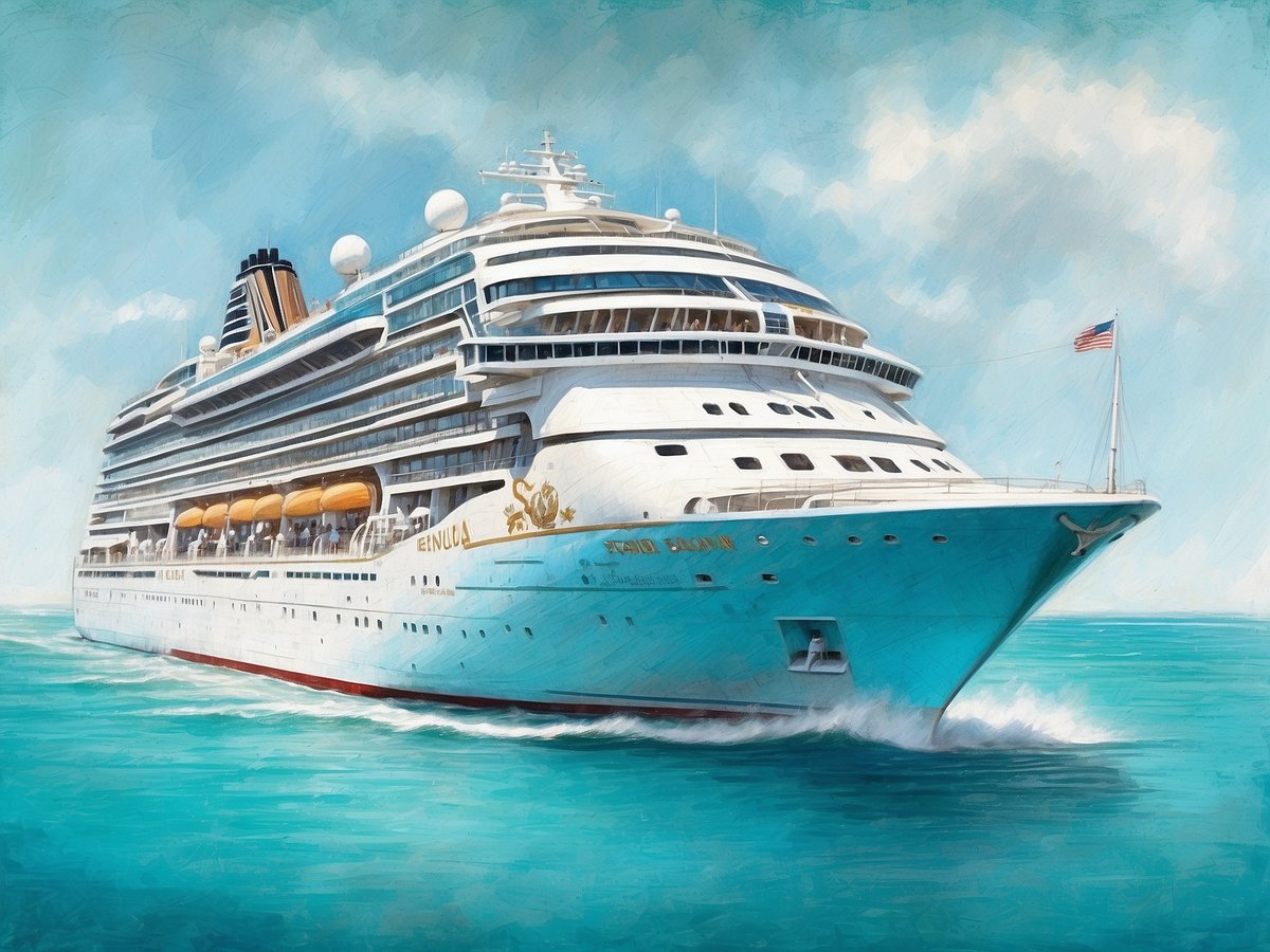 Ein luxuriöses Kreuzfahrtschiff fährt durch das türkisblue Wasser der Östlichen Karibik. Die Sonne scheint hell, und der Himmel ist klar mit wenigen Wolken. Das Schiff hat mehrere Decks und große Fenster, die einen Blick auf die Passagiere im Inneren ermöglichen. Die Ansicht vermittelt ein Gefühl von Urlaub und Entspannung in einem tropischen Paradies.